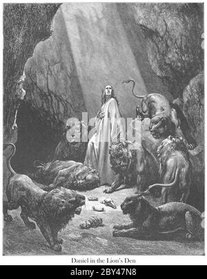 Daniel dans le Den des Lions Daniel 6:20-21 du livre 'Bible Gallery' illustré par Gustave Dore avec mémoire de Dore et lettre-presse descriptive par Talbot W. Chambers D.D. Publié par Cassell & Company Limited à Londres et simultanément par Mame à Tours, France en 1866 Banque D'Images