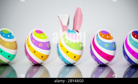 Œuf de Pâques avec oreilles de lapin parmi les œufs de pâques multicolores. Illustration 3D. Banque D'Images