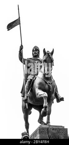 Vue détaillée de la statue de Saint Venceslas, place Venceslas, Prague. Image en noir et blanc. Banque D'Images