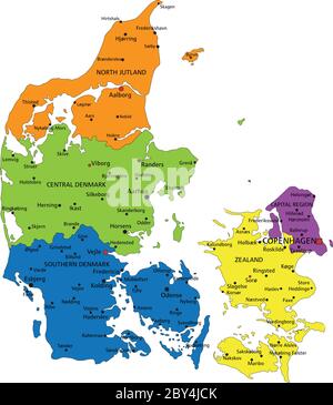Carte politique colorée du Danemark avec des couches clairement étiquetées et séparées. Illustration vectorielle. Illustration de Vecteur