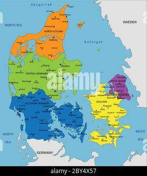 Carte politique colorée du Danemark avec des couches clairement étiquetées et séparées. Illustration vectorielle. Illustration de Vecteur