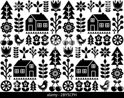 Motif d'art populaire d'inspiration scandinave et scandinave sans couture - motif textile vectoriel finlandais en noir et blanc Illustration de Vecteur