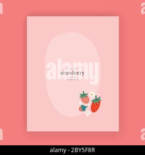 Modèle de carte de fraise, modèle vertical moderne avec espace pour le texte ou le logo, illustration mignon dessinée à la main, fond vectoriel Illustration de Vecteur