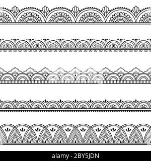 Ensemble de bordures sans couture pour la conception et l'application du henné. Style mehndi. Motif décoratif de style oriental. Illustration de Vecteur