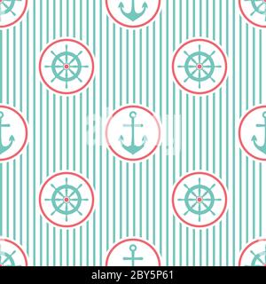 Motif à rayures sans coutures marines avec casque bleu sur blanc. Décoration de volant bateau et bateau. Arrière-plan marin avec barre. Vecteur d'été plat i Illustration de Vecteur
