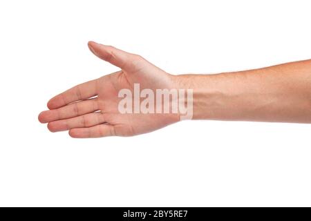 Main un homme qui est disposé à faire un accord isolé sur blanc Banque D'Images