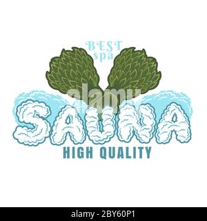 Étiquette pour sauna, banya ou bain. Deux béons croisés. Sauna mot autour de vapeur. Illustration à vecteur de couleur Illustration de Vecteur