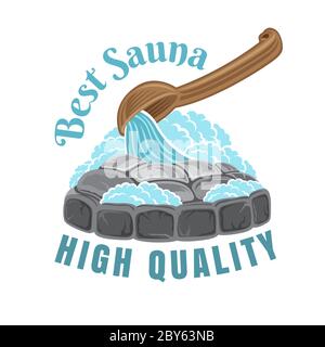 Larable pour sauna, banya ou salle de bain. Louche en bois pour sauna poure eau pierres chaudes avec vapeur autour. Illustration à vecteur de couleur. Illustration de Vecteur