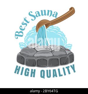 Larable pour sauna, banya ou salle de bain. Louche en bois pour sauna de l'eau de la tourbière pierres chaudes avec de la vapeur. Illustration à vecteur de couleur. Illustration de Vecteur