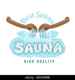 Larable pour sauna, banya ou salle de bain. Ladles en bois de l'eau de la tourte sur mot sauna de vapeur. Illustration à vecteur de couleur Illustration de Vecteur