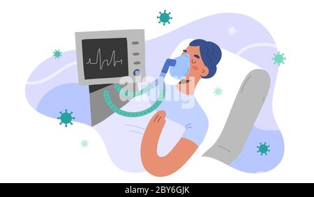 Ventilation artificielle du poumon pour les patients covid, soins intensifs à l'hôpital, femme infectée par le coronavirus en condition critique, illustration vectorielle Illustration de Vecteur