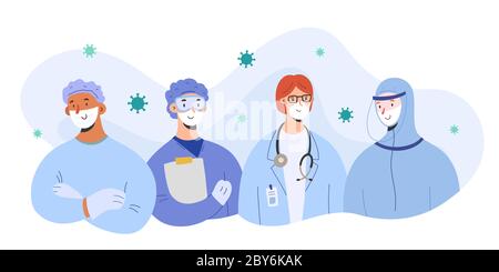 Équipe médicale contre le coronavirus, les médecins portant des masques et des combinaisons de protection se tiennent ensemble, concept de travail d'équipe, illustration vectorielle, groupe de Illustration de Vecteur