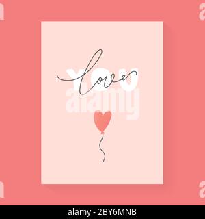 Carte romantique mignonne avec citation à lettres Love You et dessin à la main illustration simple des formes de coeur bordeaux, carte de voeux élégante avec manuscrit Illustration de Vecteur