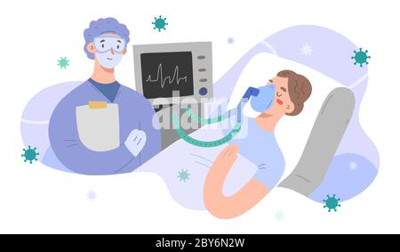Patient sous alv avec médecin, personnages vectoriels, femme sous ventilation artificielle pulmonaire dans l'unité de soins intensifs, infectée par une infection covid à l'hôpital Illustration de Vecteur