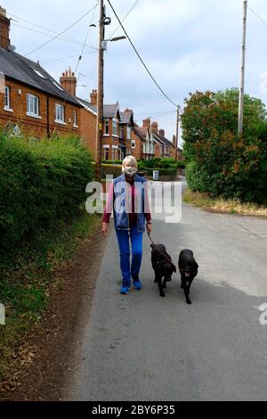 Femme, chien Marche, port masque, Covid 19, coronavirus, prévention, chiens, village, Environnement, sécurité, Précautions, pandémie, verrouillage. Banque D'Images