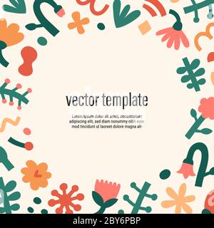 Cadre fleuri moderne avec espace pour le texte, formes d'abstraction et gribouillages tendance. Modèle de bordure vierge, décoration vectorielle pour mariage ou invitation Illustration de Vecteur