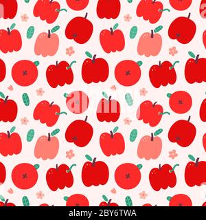 Motif pomme rouge, texture vectorielle sans couture, joli dessin de nouilles, illustration de pommes mûres fraîches juteuses, fond coloré dessiné à la main, bon comme la cuisine Illustration de Vecteur