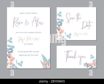 Carte de remerciement florale tendance, carte moderne rsvp.invitation de mariage, carte moderne. Conservez l'ensemble de modèles de cartes de dates avec des feuilles d'eucalyptus décoratives Illustration de Vecteur