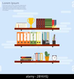 Étagères en bois avec livres et dossiers. Intérieur de bureau dans plat d Illustration de Vecteur