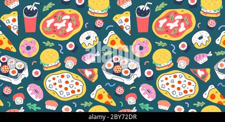 Motif fastfood avec illustrations de nourriture pour les nouilles. Fond vectoriel sans couture, italianpizza, petits pains à sushis, hamburgers et beignets, tranches de pepperoni et Illustration de Vecteur