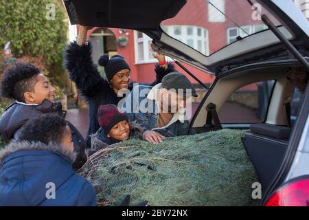 Famille chargeant l'arbre de Noël dans la voiture