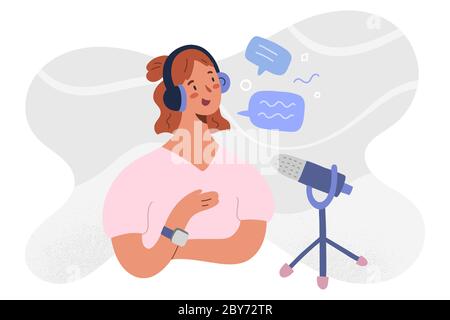 L'hôte de podcast a recodage, diffusé en continu une série d'épisodes de radio en ligne. Femme blogger dans le casque et le microphone, faisant des enregistrements de médias à la maison ou en studio Illustration de Vecteur