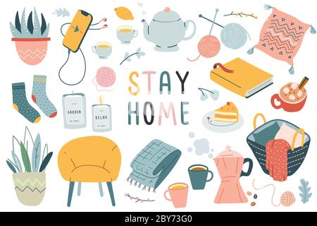 Collection Stay Home, activités à l'intérieur, concept de confort et de confort, ensemble d'illustrations vectorielles isolées, style scandinave hygge, isolation Illustration de Vecteur