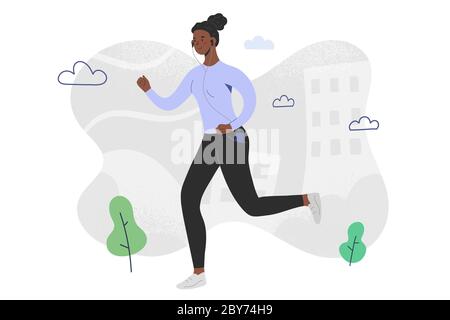 Femme afro-américaine courant et écoute de la musique dans des écouteurs, application pour smartphone, coureur de personnages, dessin vectoriel de la femme jogging, moderne Illustration de Vecteur