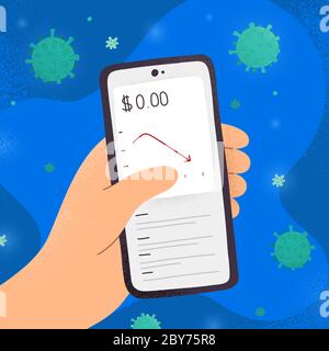 Crise économique du coronavirus, flèche vers le bas de la Bourse dans le schéma, concept de l'économie en panne, smartphone en main avec les virus covid19, financier Illustration de Vecteur