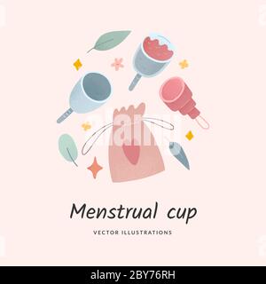 Ensemble de tasses menstruelles, différentes tasses en silicone pour femmes, sac en tissu, fournitures réutilisables pour les règles, zéro déchet de vie, illustration vectorielle Illustration de Vecteur