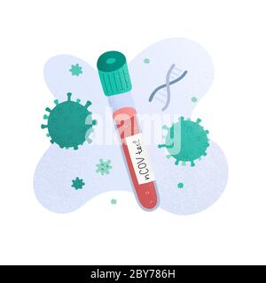 Tube à essai du coronavirus, échantillon dans UN tube à essai en verre. Test médical Covid-19, examen en laboratoire, illustration de vecteur isolé avec des bouées de virus et d'adn Illustration de Vecteur