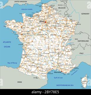 Feuille de route haute précision pour la France avec étiquetage. Illustration de Vecteur