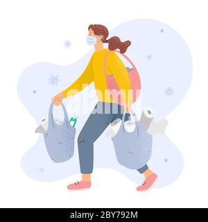 Femme shopping papier toilette portant un masque médical entouré par le coronavirus, concept de panique shopping pendant la pandémie mondiale de covid-19, femme Illustration de Vecteur