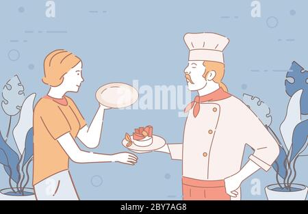 Le chef du restaurant, en uniforme et chapeau blanc, donne un plat fini à l'illustration de dessin animé vectoriel de serveuse. Serveuse tenant une assiette vide. Le personnel professionnel du restaurant met en évidence les personnages sur fond bleu. Illustration de Vecteur