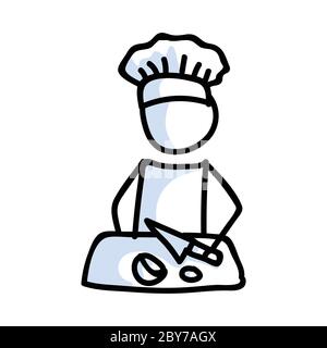 Adorable figurine bâton pour cuisiner et hacher des ingrédients icône de linéart. Pictogramme de préparation du dîner. Communication de l'illustration des repas faits maison Illustration de Vecteur