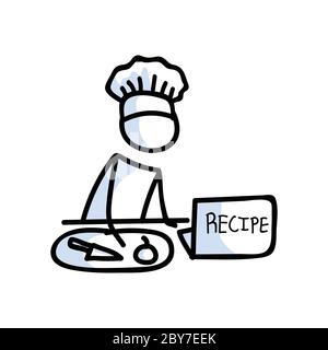 Adorable tube figurine chef recette de cuisine sur ordinateur portable icône de linéart. Pictogramme de préparation du dîner. Communication de l'illustration des repas du restaurant. Cuisine Illustration de Vecteur