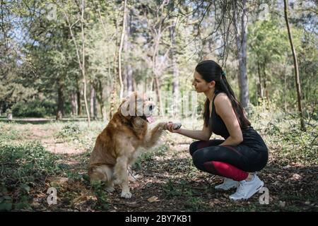 Chien donnant un patte à la fille de squatting Banque D'Images