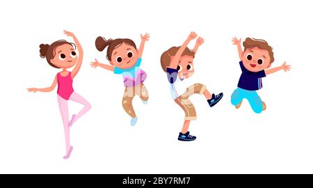Groupe d'enfants dansants. Enfants créatifs. Studio de danse. Petit saut. Éléments de ballet. Illustration de Vecteur