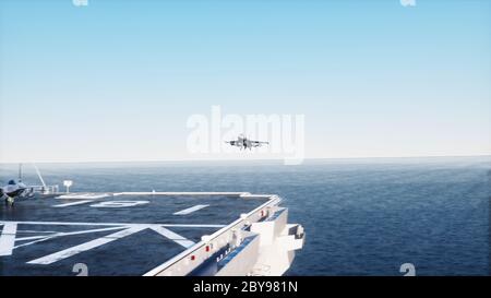 atterrissage du jet f16 sur un porte-avions en mer. Concept militaire et de guerre. rendu 3d. Banque D'Images