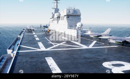 atterrissage du jet f16 sur un porte-avions en mer. Concept militaire et de guerre. rendu 3d. Banque D'Images