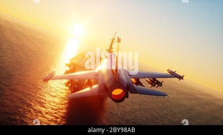 atterrissage du jet f16 sur un porte-avions en mer. Concept militaire et de guerre. rendu 3d. Banque D'Images