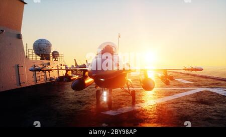 atterrissage du jet f16 sur un porte-avions en mer. Concept militaire et de guerre. rendu 3d. Banque D'Images