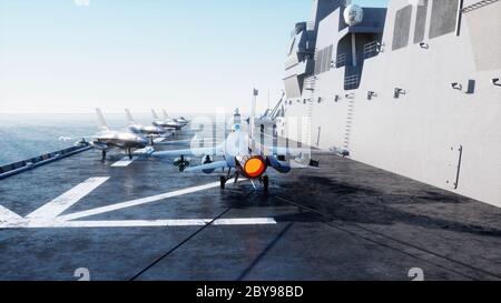 atterrissage du jet f16 sur un porte-avions en mer. Concept militaire et de guerre. rendu 3d. Banque D'Images