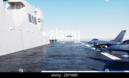 atterrissage du jet f16 sur un porte-avions en mer. Concept militaire et de guerre. rendu 3d. Banque D'Images