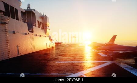 atterrissage du jet f16 sur un porte-avions en mer. Concept militaire et de guerre. rendu 3d. Banque D'Images