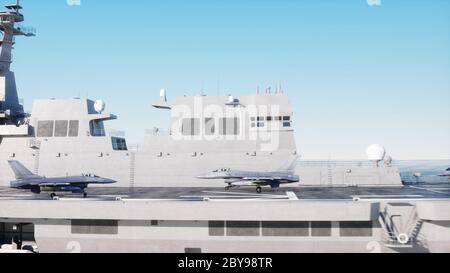 atterrissage du jet f16 sur un porte-avions en mer. Concept militaire et de guerre. rendu 3d. Banque D'Images