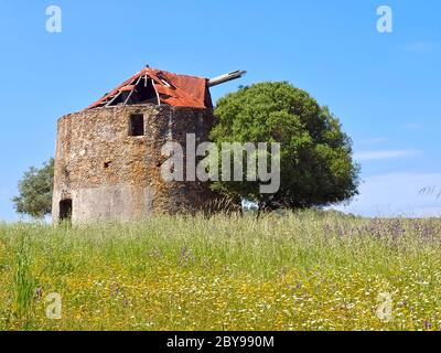 Magnifique alentejo au Portugal avec un vieux moulin à vent et un toit rouge près d'Odeceixe Banque D'Images