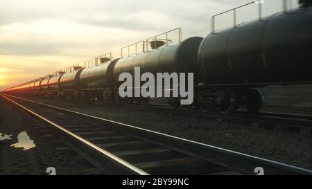 Camions-citernes à huile de train de fret. Contre Sunrise. rendu 3d. Banque D'Images