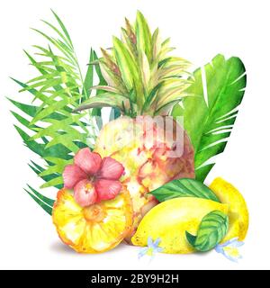 aquarelle illustration tropicale de l'ananas avec une tranche et des citrons mûrs et des feuilles exotiques sur fond Banque D'Images