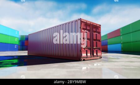 Dépôt de conteneurs, entrepôt, port maritime. Vue sur l'aéroport. Conteneurs de chargement. Concept logistique et commercial. rendu 3d. Banque D'Images